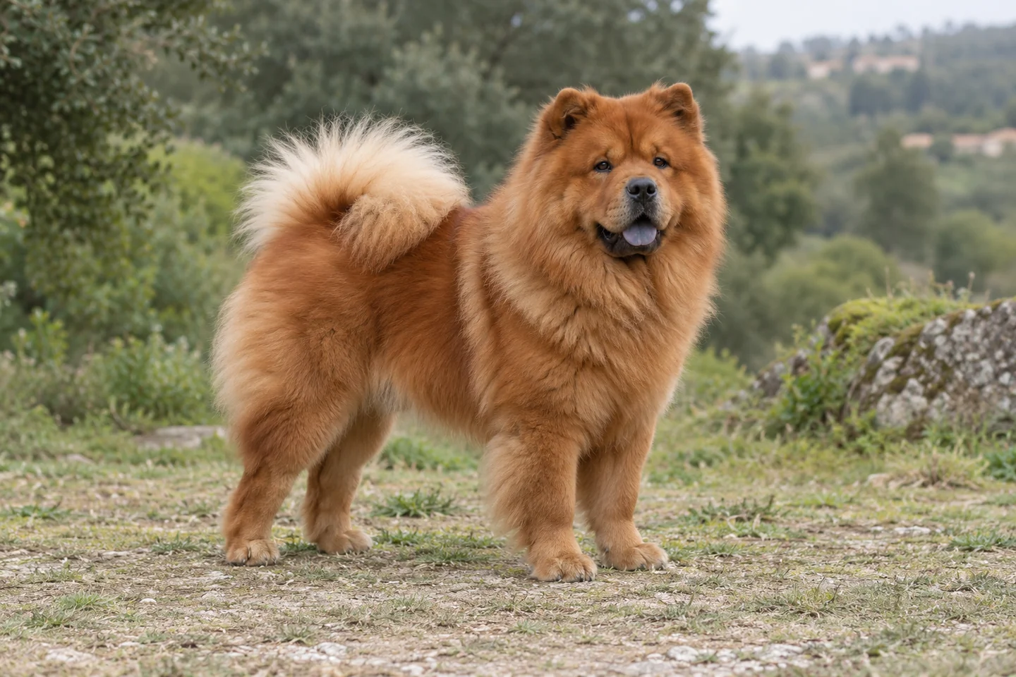 CHOW CHOW adulto, de pé, com o corpo inteiro visível.