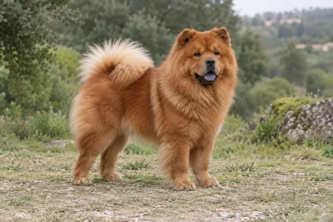 CHOW CHOW adulto, de pé, com o corpo inteiro visível.