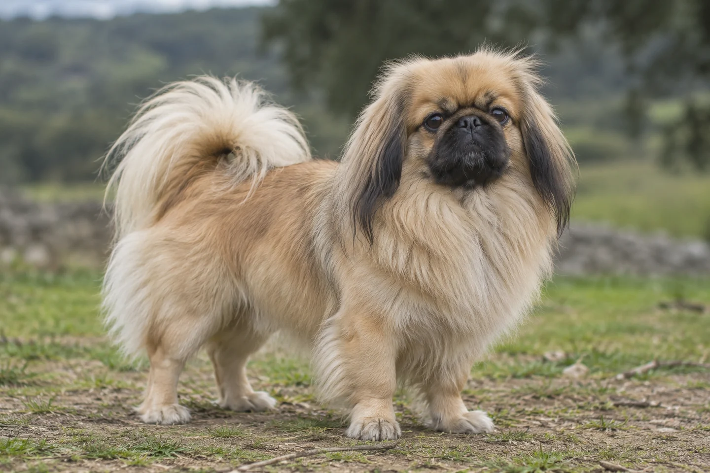 PEKINGESE adulto, de pé, com o corpo inteiro visível.