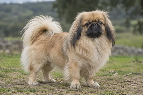 PEKINGESE adulto, de pé, com o corpo inteiro visível.