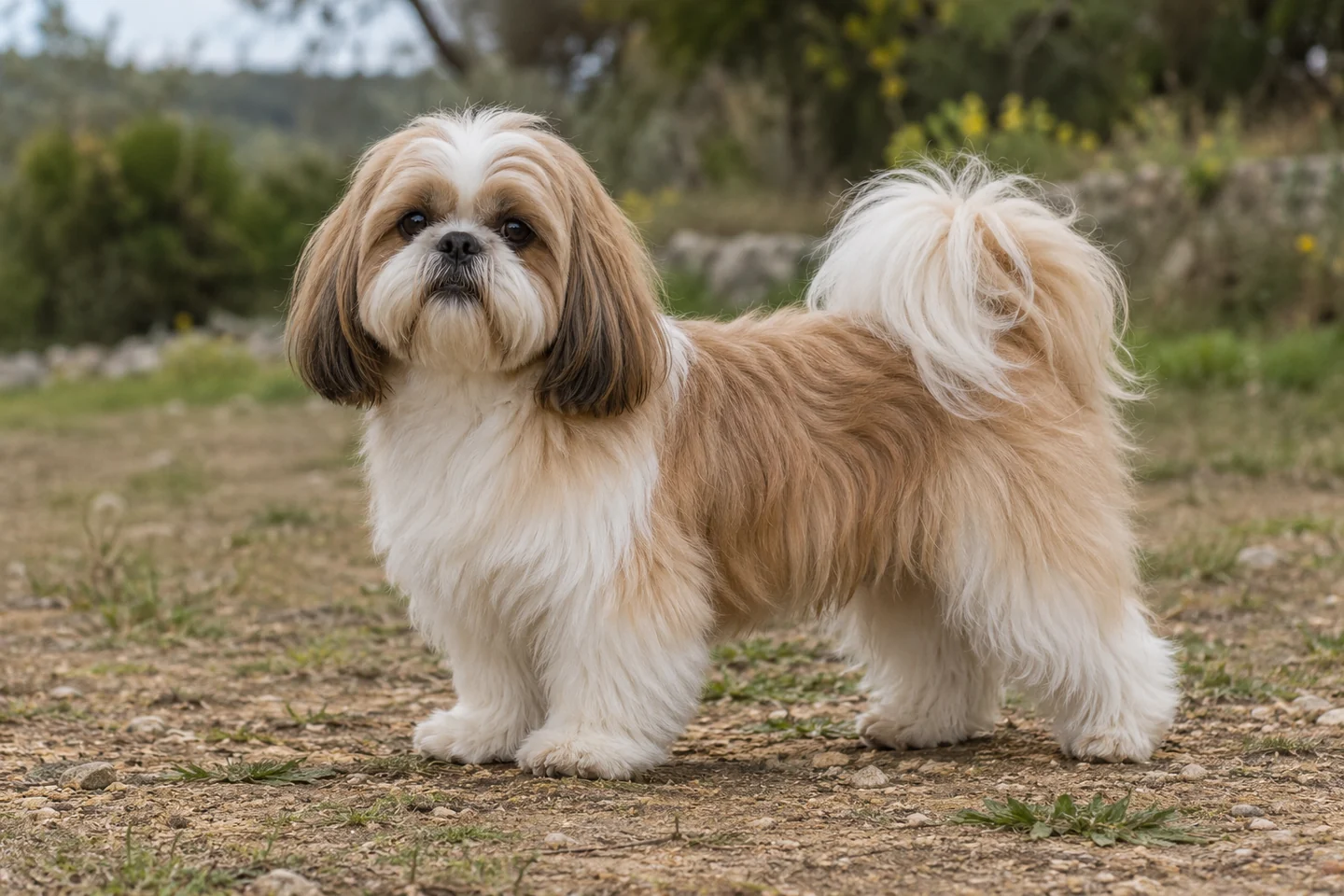 Shih Tzu adulto, de pé, com o corpo inteiro visível.