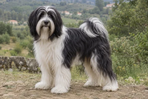 TIBETAN TERRIER adulto, de pé, com o corpo inteiro visível.