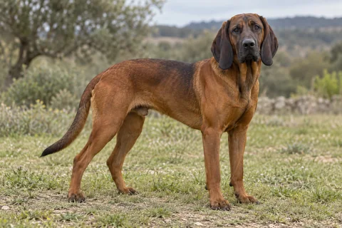 BAYERISCHER GEBIRGSSCHWEISSHUND adulto, de pé, com o corpo inteiro visível.