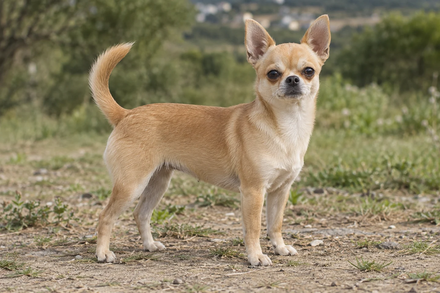 Chihuahua adulto, de pé, com o corpo inteiro visível.