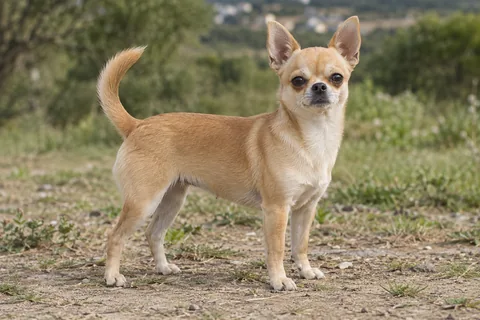 Chihuahua adulto, de pé, com o corpo inteiro visível.