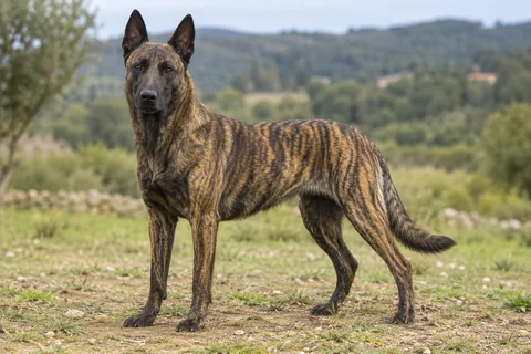 HOLLANDSE HERDERSHOND adulto, de pé, com o corpo inteiro visível.