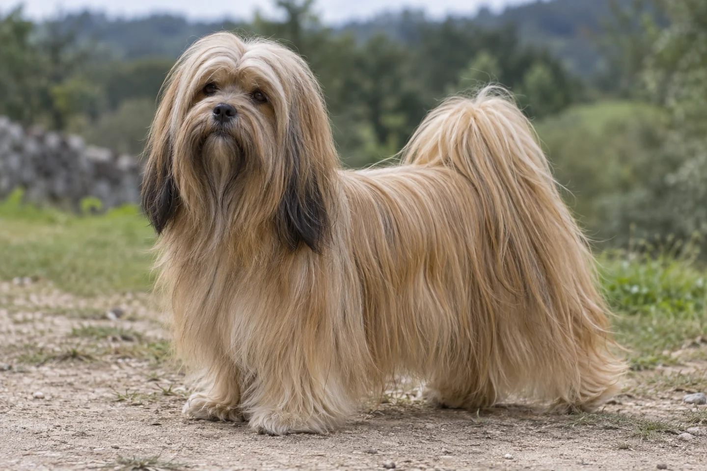 LHASA APSO adulto, de pé, com o corpo inteiro visível.