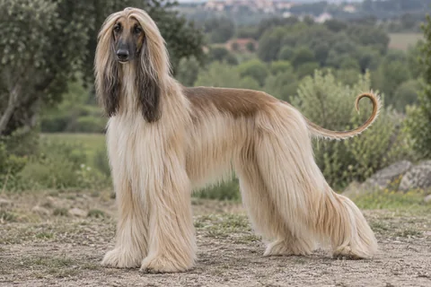 AFGHAN HOUND adulto, de pé, com o corpo inteiro visível.
