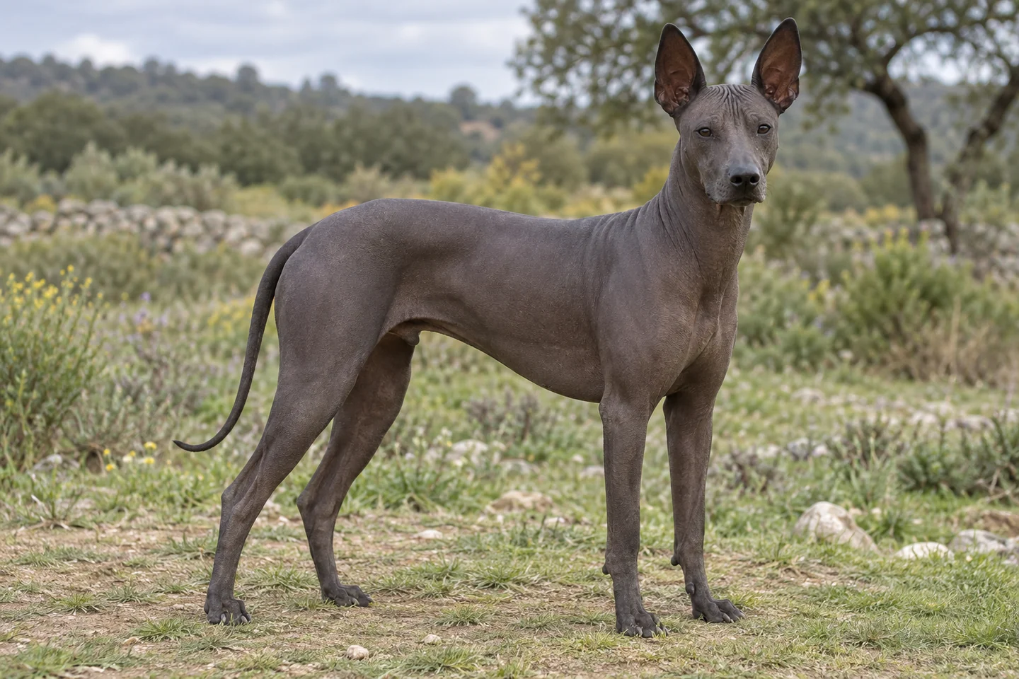 XOLOITZCUINTLE adulto, de pé, com o corpo inteiro visível.