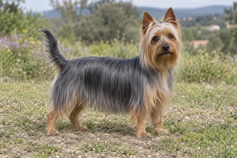AUSTRALIAN SILKY TERRIER adulto, de pé, com o corpo inteiro visível.