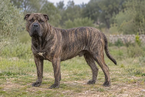 PERRO DOGO MALLORQUÍN adulto, de pé, com o corpo inteiro visível.