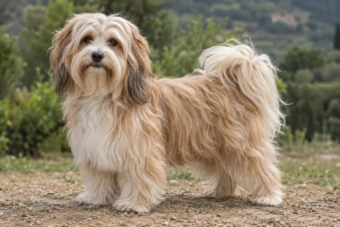 BICHON HAVANAIS adulto, de pé, com o corpo inteiro visível.
