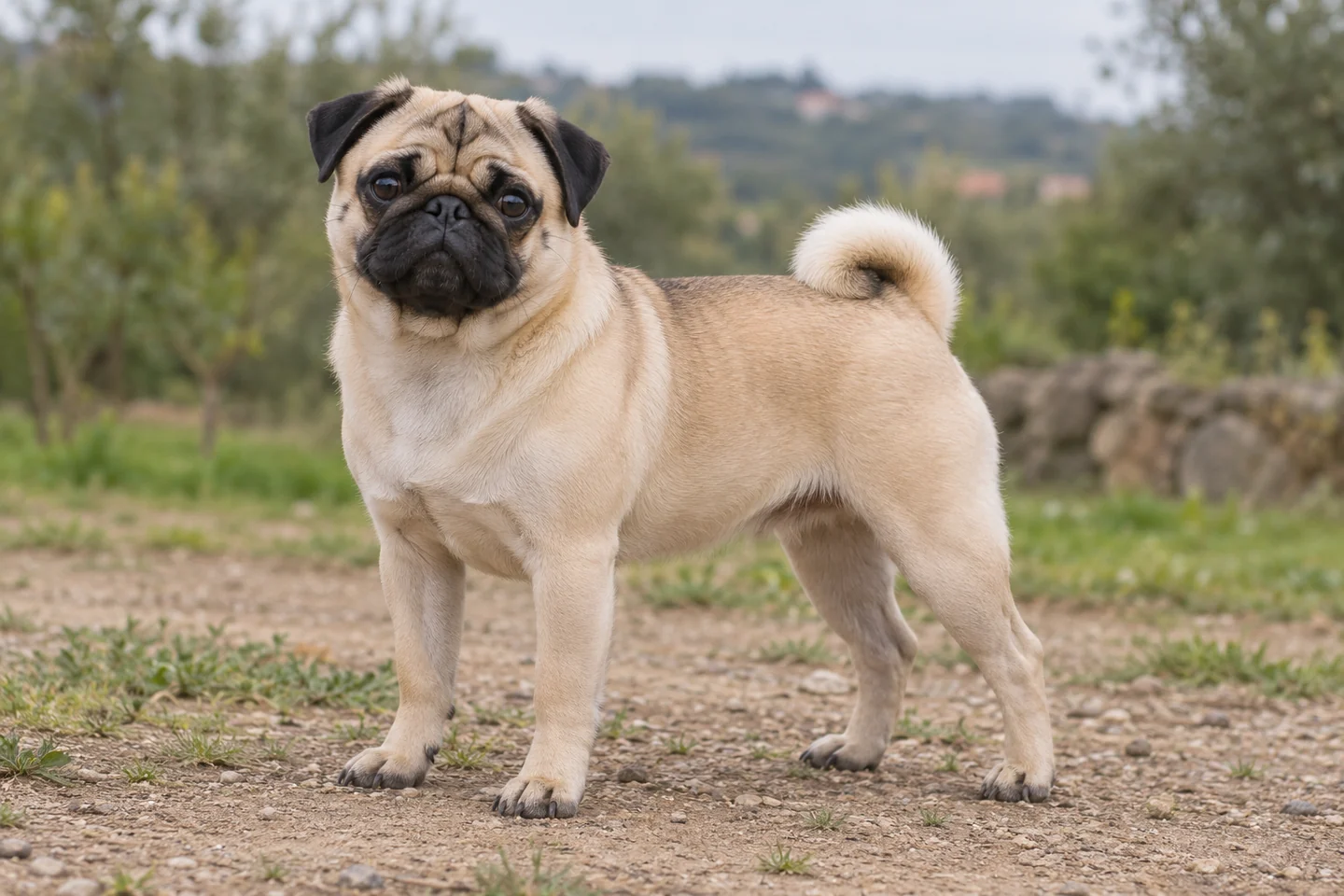 Pug adulto, de pé, com o corpo inteiro visível.