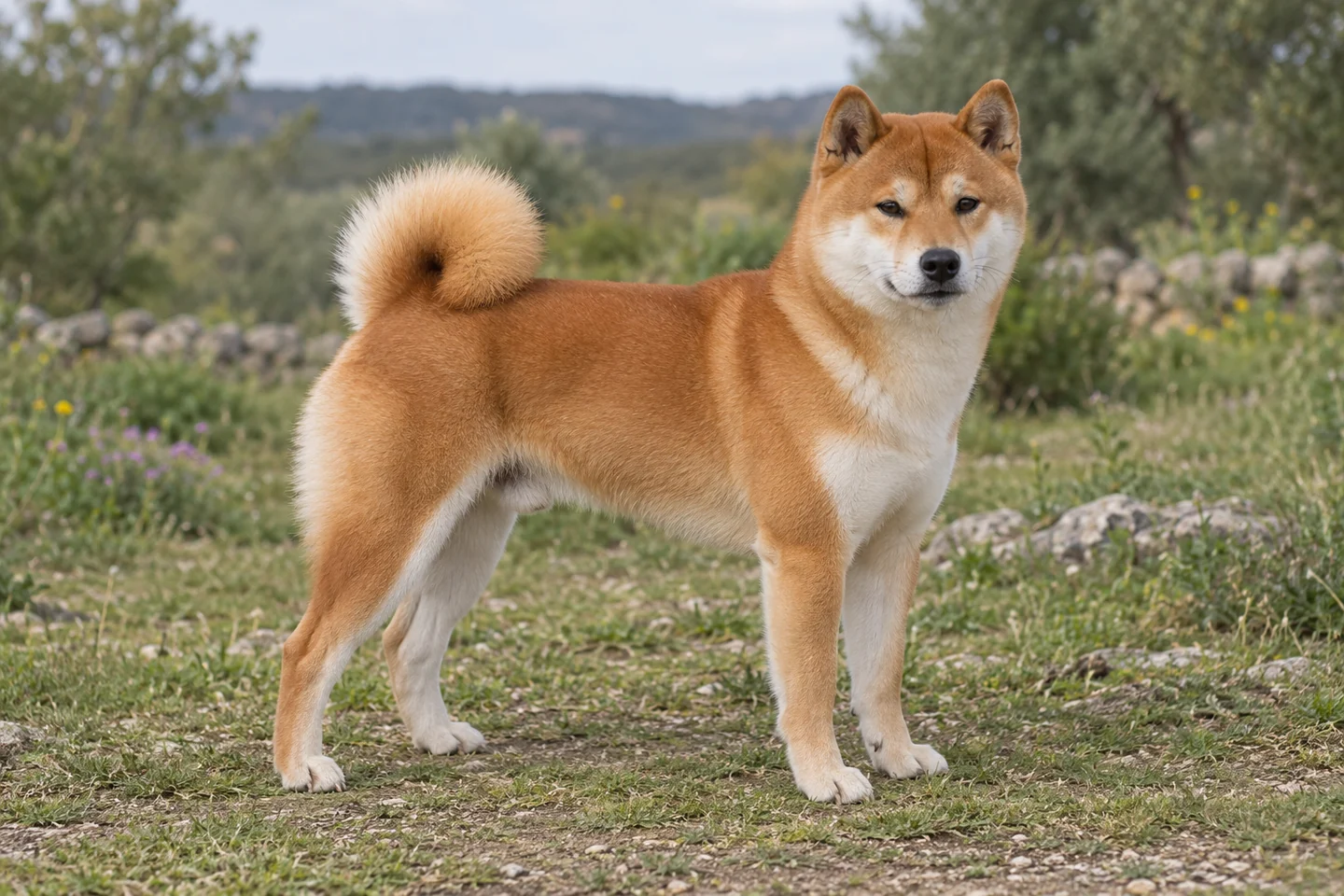 SHIBA adulto, de pé, com o corpo inteiro visível.