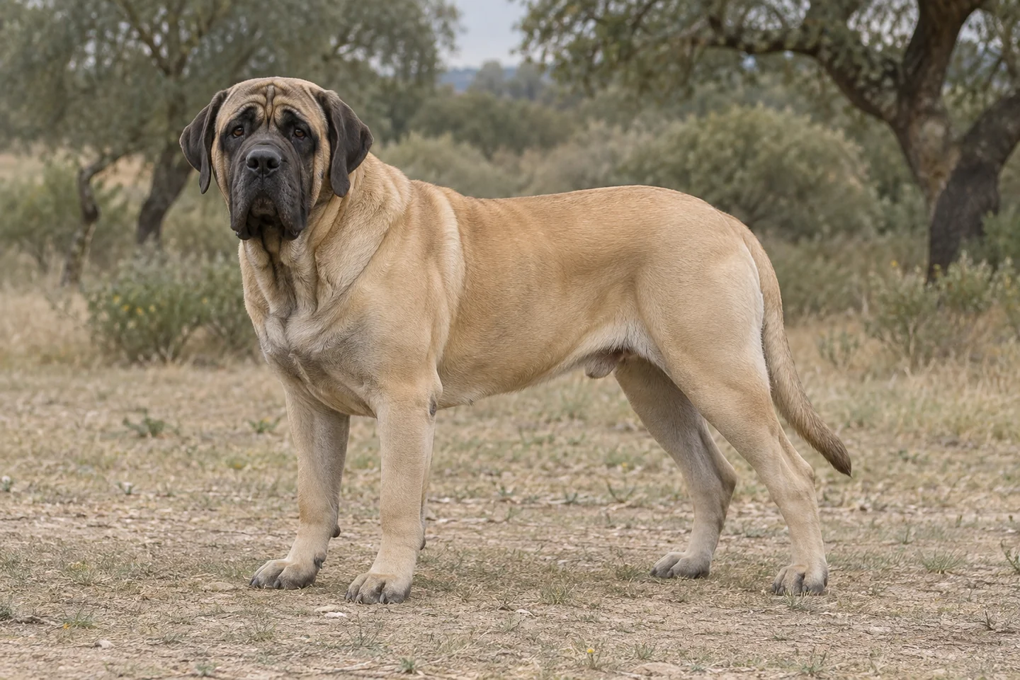MASTIFF adulto, de pé, com o corpo inteiro visível.