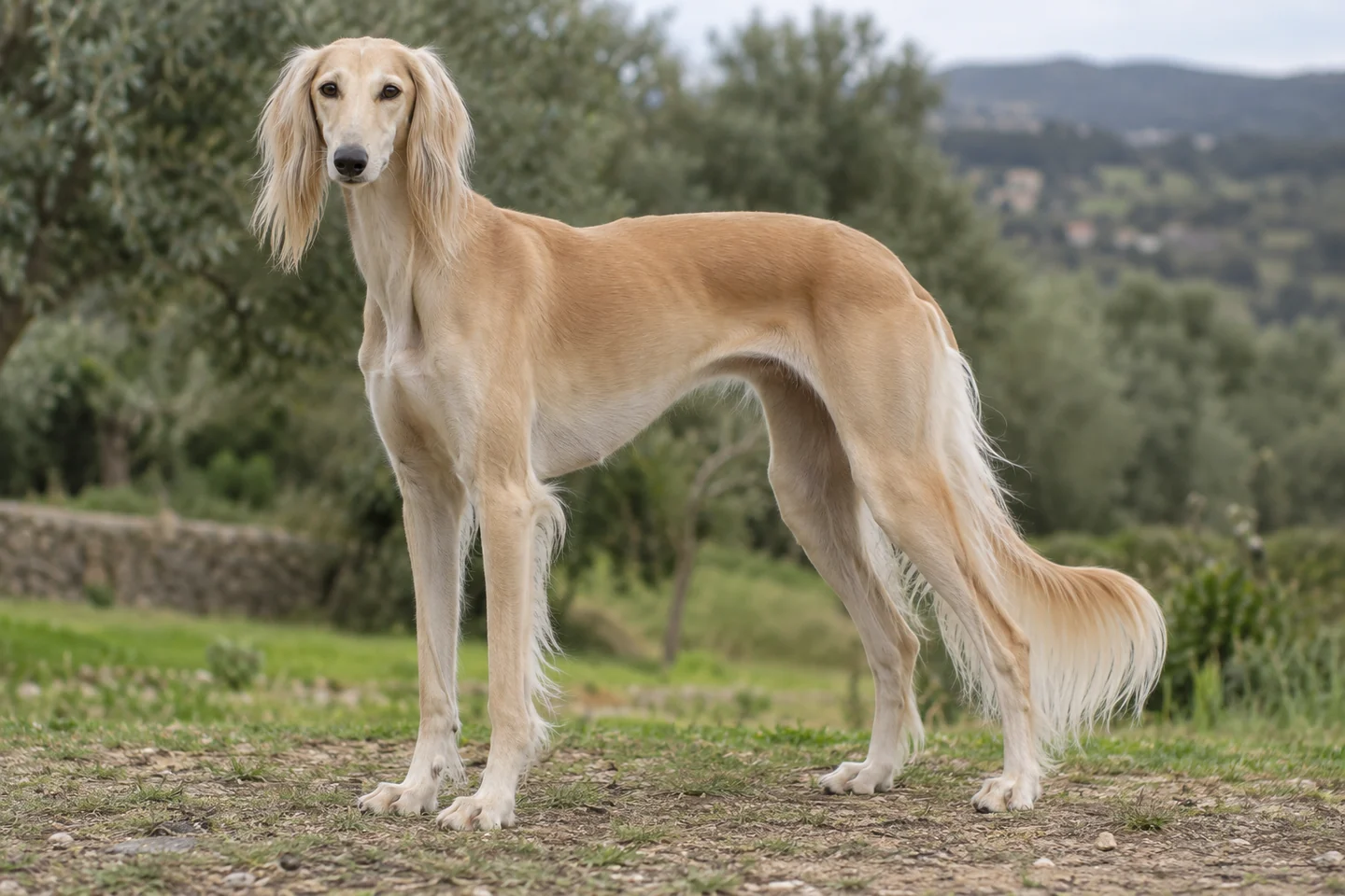 SALUKI adulto, de pé, com o corpo inteiro visível.