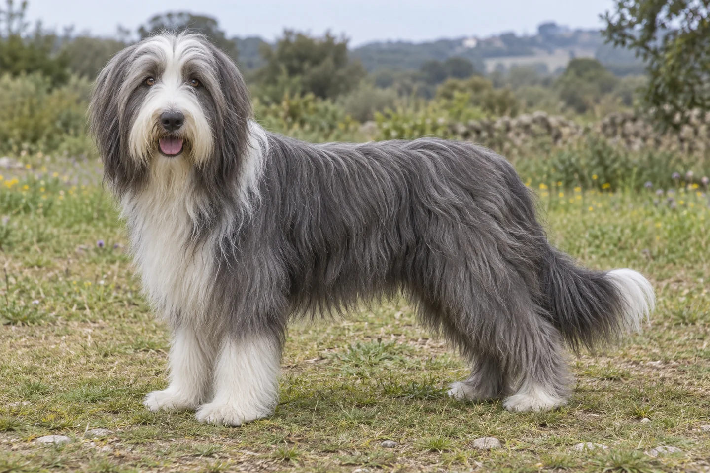 BEARDED COLLIE adulto, de pé, com o corpo inteiro visível.