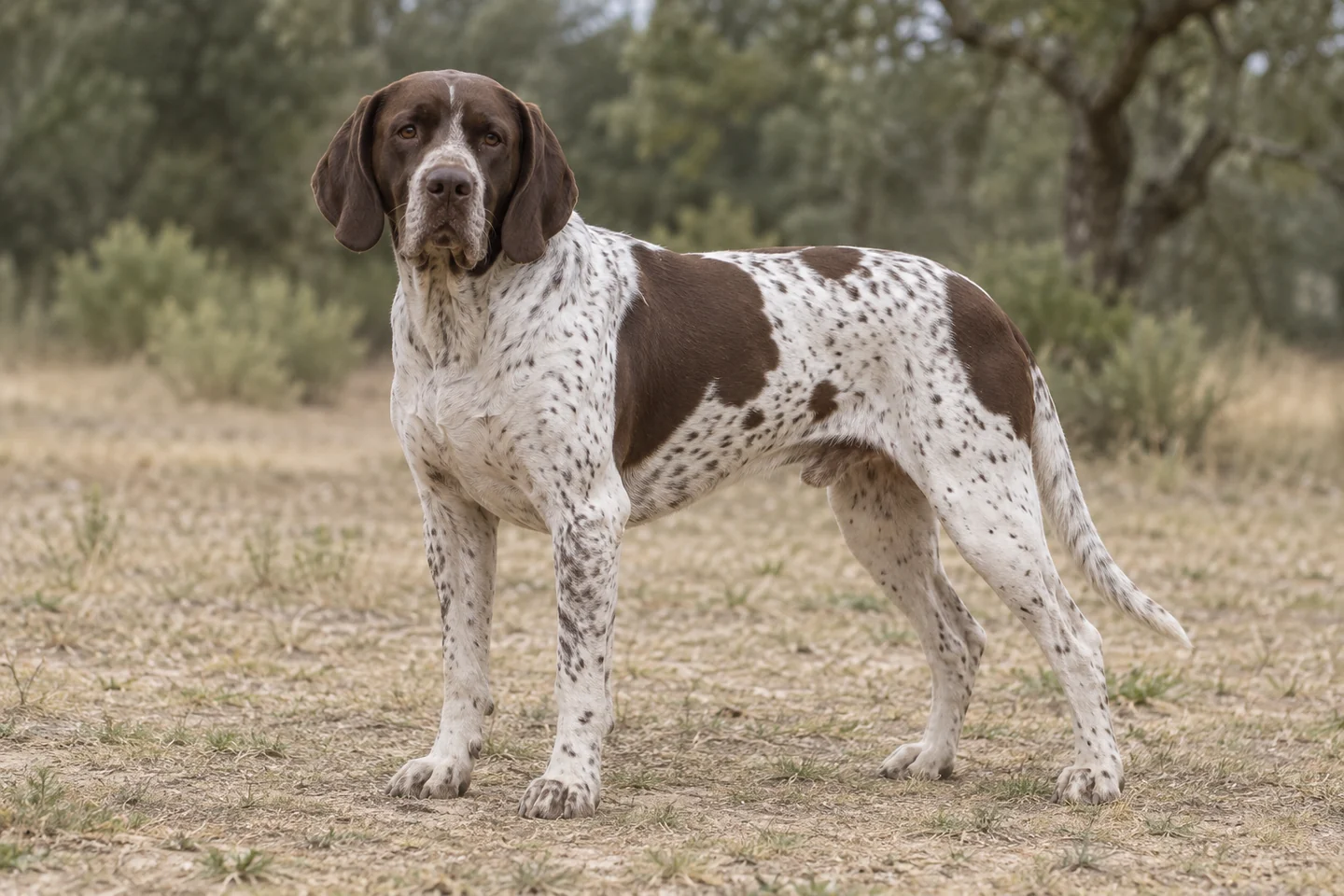 GAMMEL DANSK HØNSEHUND adulto, de pé, com o corpo inteiro visível.