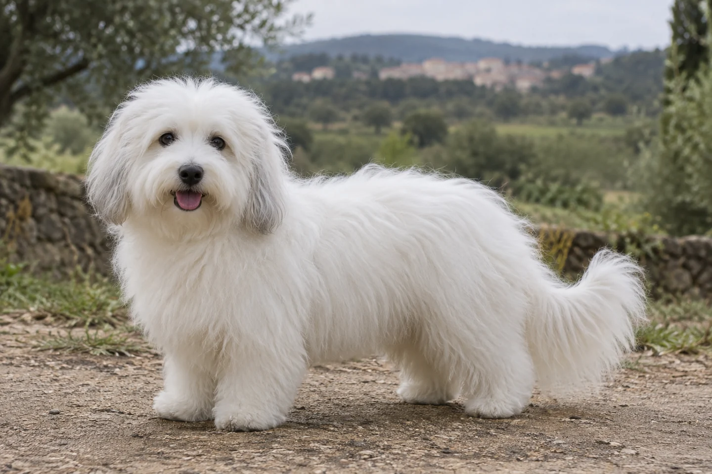 COTON DE TULEAR adulto, de pé, com o corpo inteiro visível.