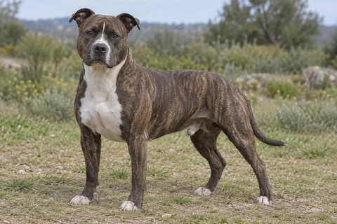 AMERICAN STAFFORDSHIRE TERRIER adulto, de pé, com o corpo inteiro visível.