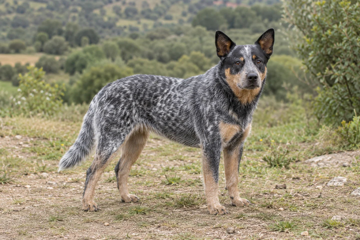 AUSTRALIAN CATTLE DOG adulto, de pé, com o corpo inteiro visível.