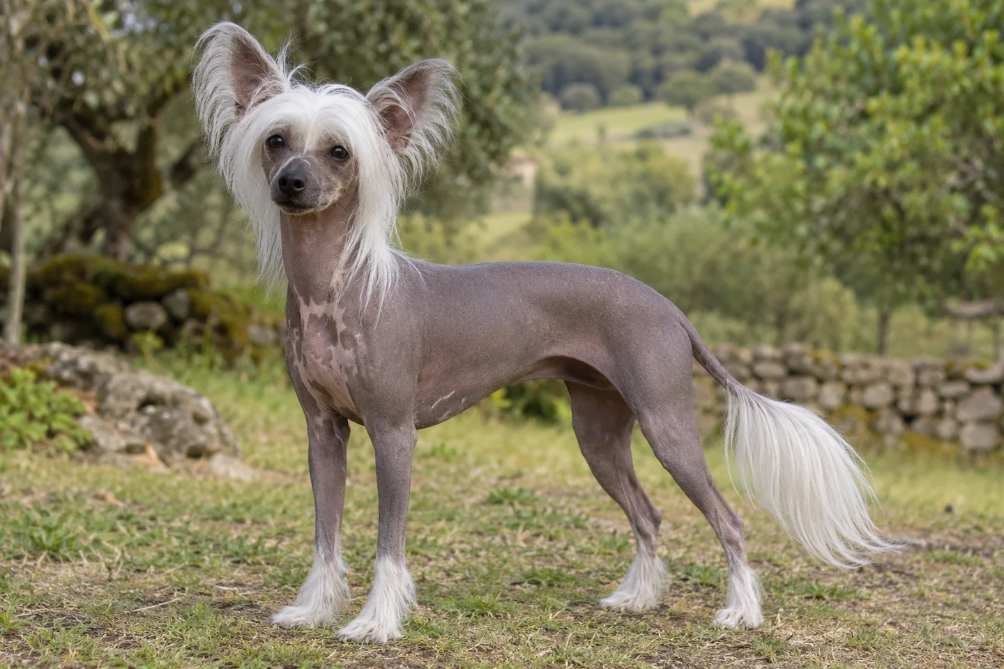 CHINESE CRESTED DOG adulto, de pé, com o corpo inteiro visível.