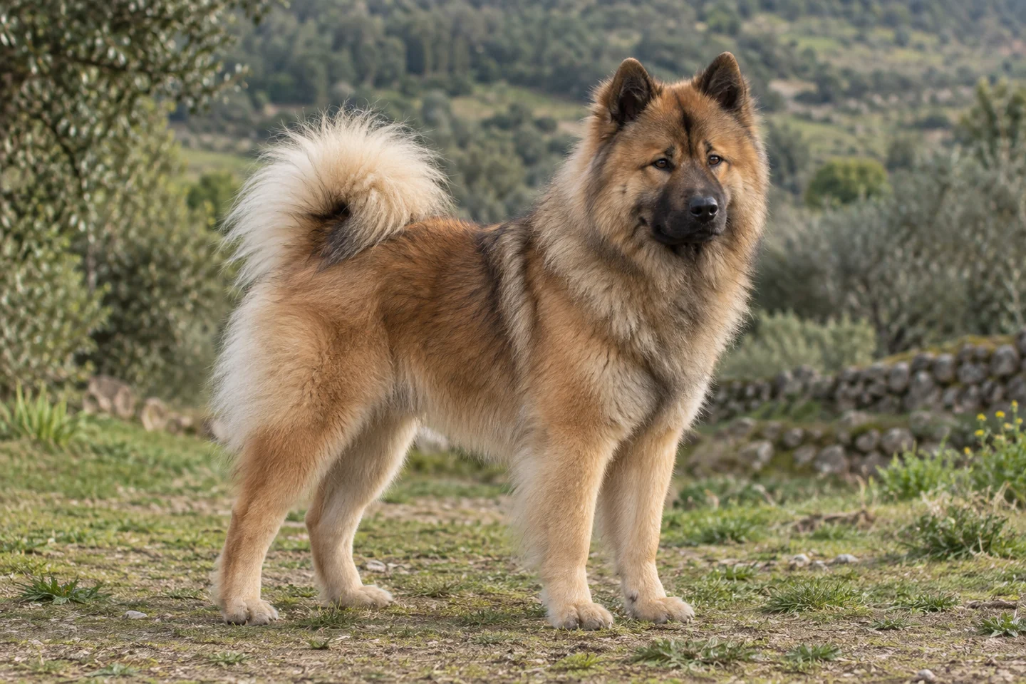 EURASIER adulto, de pé, com o corpo inteiro visível.
