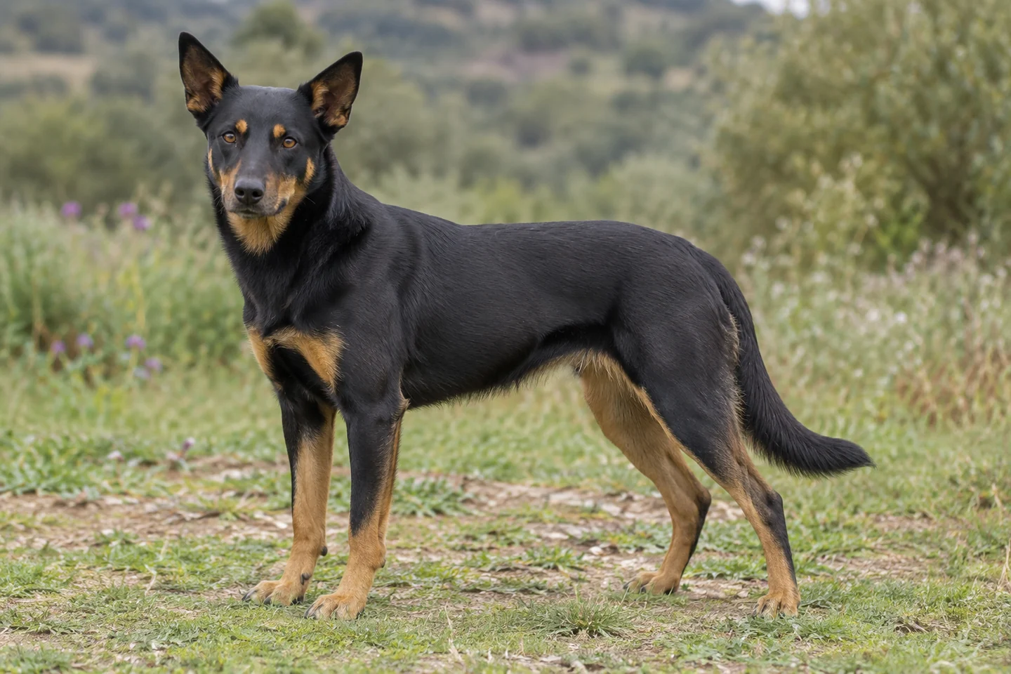 AUSTRALIAN KELPIE adulto, de pé, com o corpo inteiro visível.