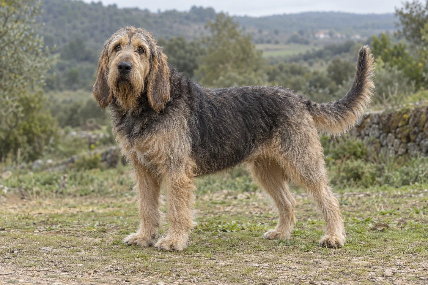 OTTERHOUND adulto, de pé, com o corpo inteiro visível.