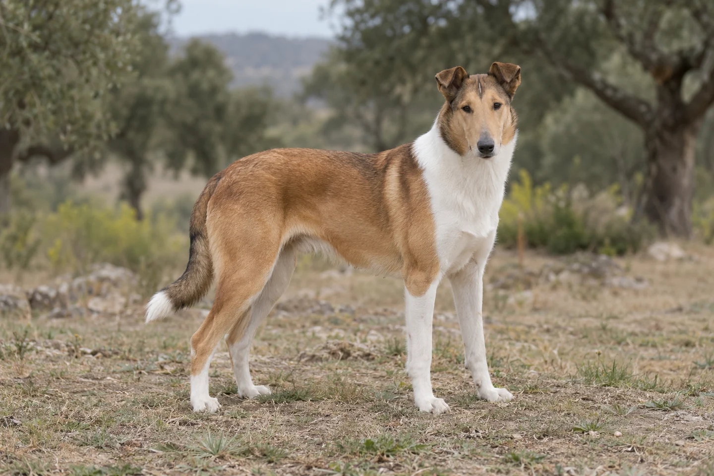 COLLIE SMOOTH adulto, de pé, com o corpo inteiro visível.