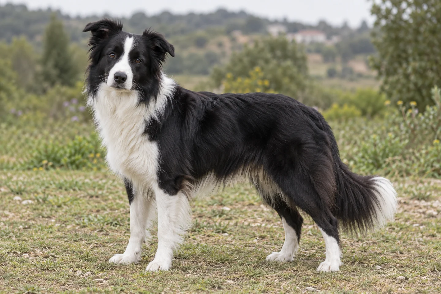 Border Collie adulto, de pé, com o corpo inteiro visível.