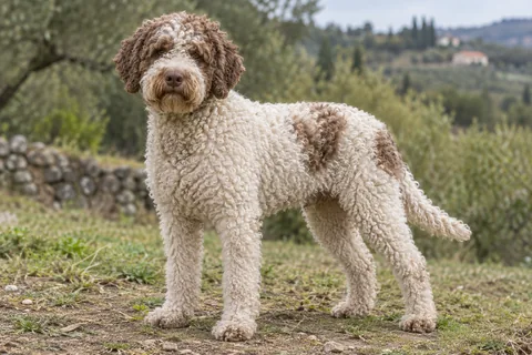 LAGOTTO ROMAGNOLO adulto, de pé, com o corpo inteiro visível.