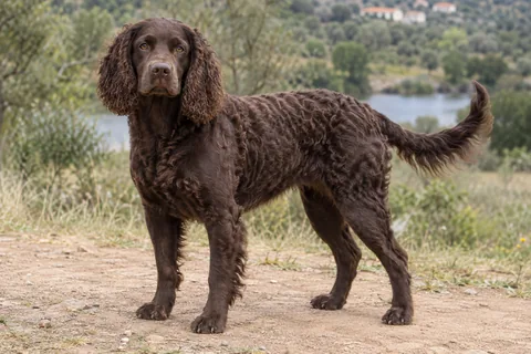 AMERICAN WATER SPANIEL adulto, de pé, com o corpo inteiro visível.