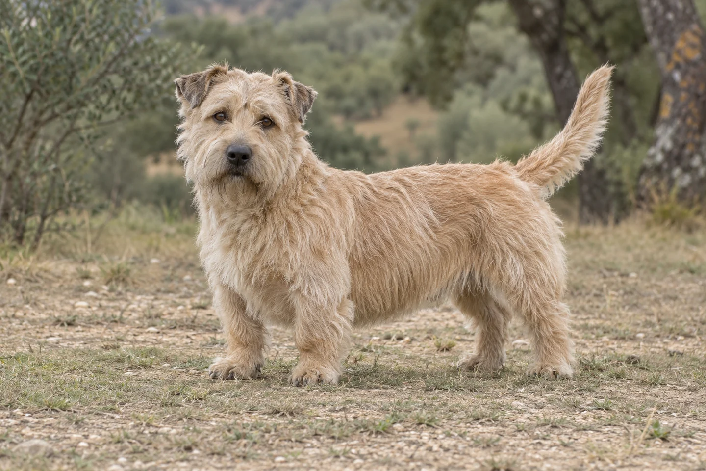 IRISH GLEN OF IMAAL TERRIER adulto, de pé, com o corpo inteiro visível.