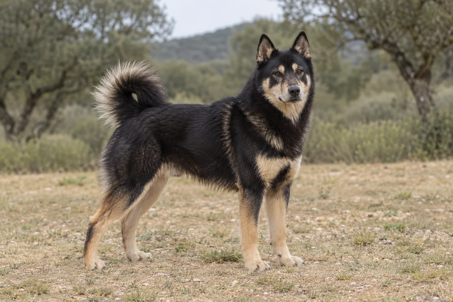 VOSTOTCHNO-SIBIRSKAÏA LAÏKA adulto, de pé, com o corpo inteiro visível.