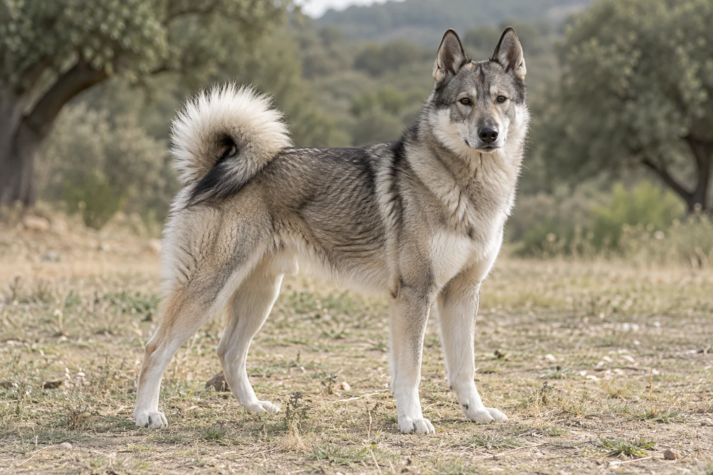 ZAPADNO-SIBIRSKAÏA LAÏKA adulto, de pé, com o corpo inteiro visível.