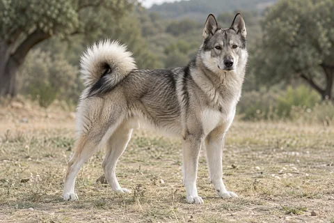 ZAPADNO-SIBIRSKAÏA LAÏKA adulto, de pé, com o corpo inteiro visível.