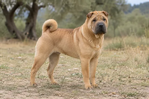 SHAR PEI adulto, de pé, com o corpo inteiro visível.