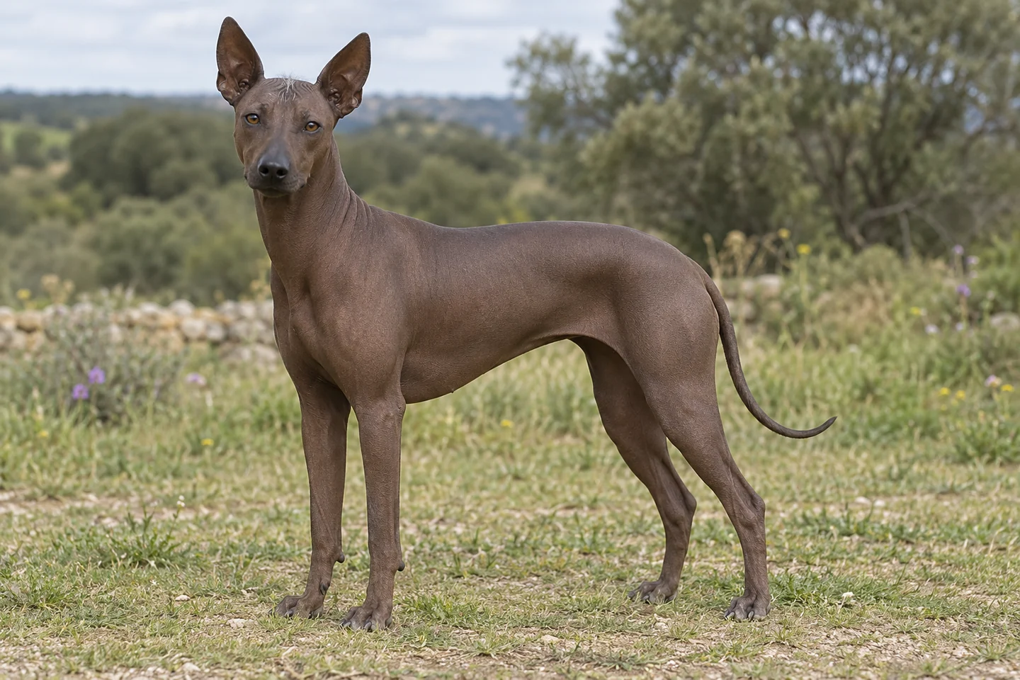PERRO SIN PELO DEL PERÚ adulto, de pé, com o corpo inteiro visível.
