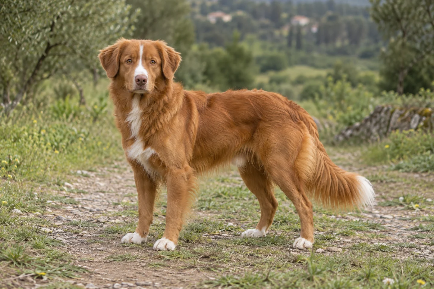 NOVA SCOTIA DUCK TOLLING RETRIEVER adulto, de pé, com o corpo inteiro visível.