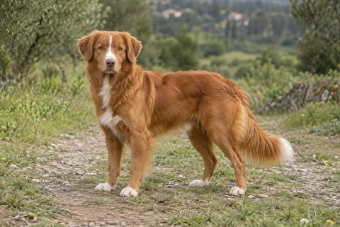 NOVA SCOTIA DUCK TOLLING RETRIEVER adulto, de pé, com o corpo inteiro visível.