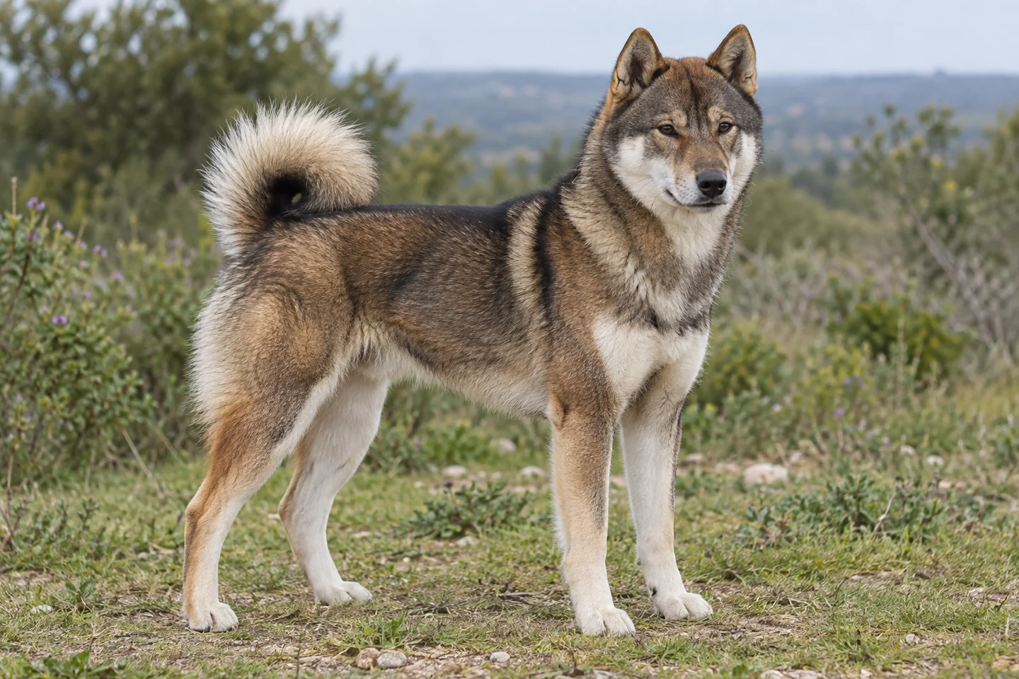 SHIKOKU adulto, de pé, com o corpo inteiro visível.