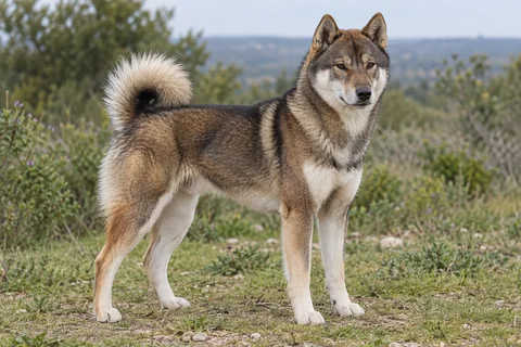 SHIKOKU adulto, de pé, com o corpo inteiro visível.