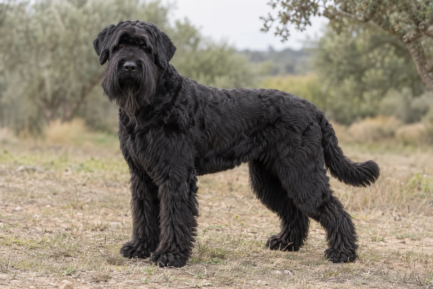 RUSSKIY TCHIORNY TERRIER adulto, de pé, com o corpo inteiro visível.