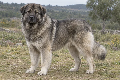 KAVKAZSKAÏA OVTCHARKA adulto, de pé, com o corpo inteiro visível.