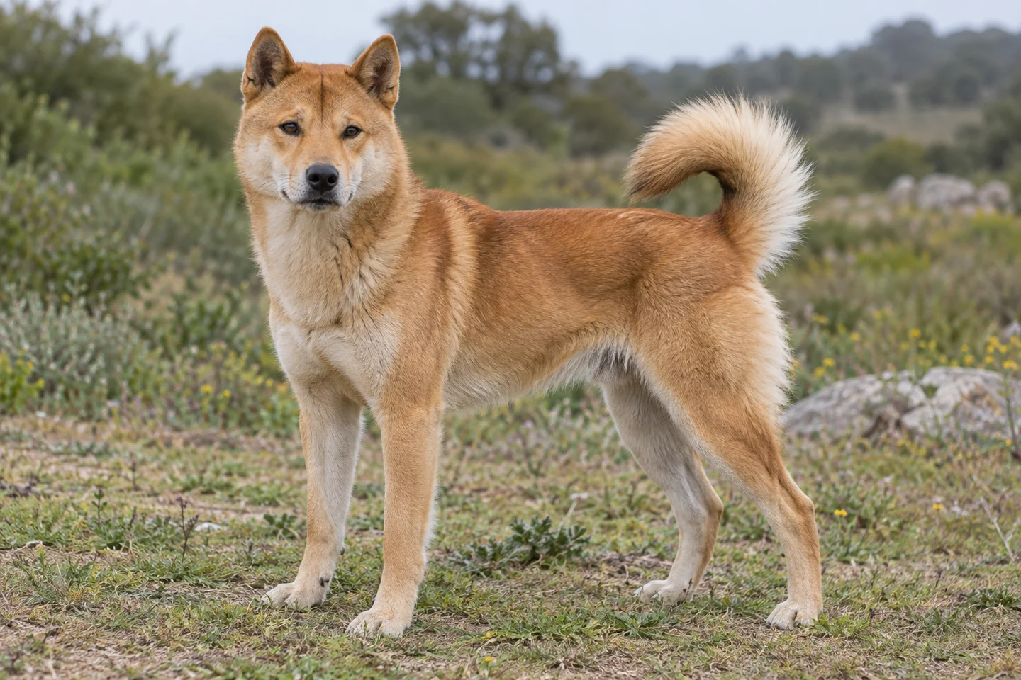 KOREA JINDO DOG adulto, de pé, com o corpo inteiro visível.