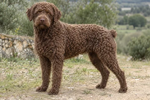 PERRO DE AGUA ESPAÑOL adulto, de pé, com o corpo inteiro visível.