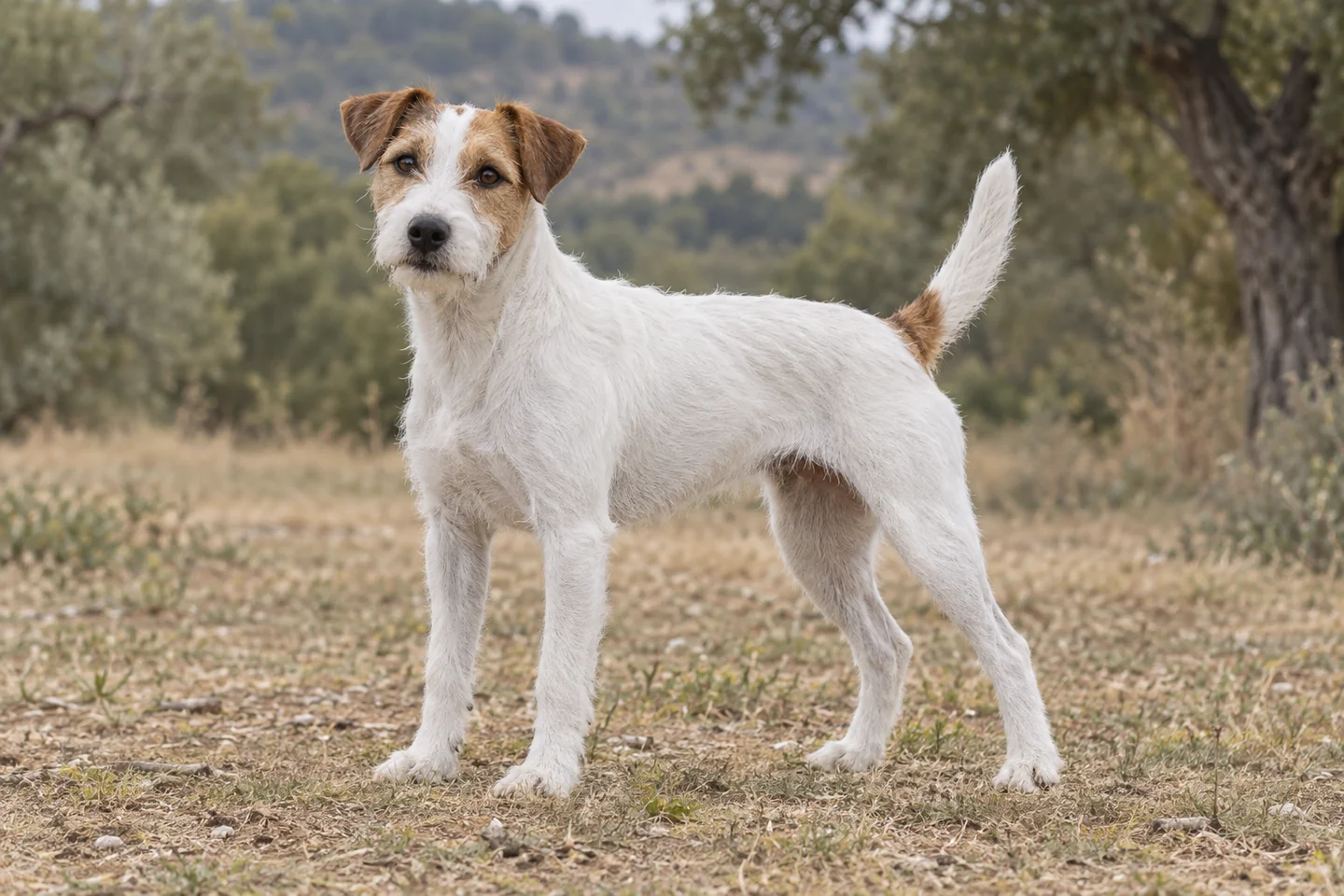 PARSON RUSSELL TERRIER adulto, de pé, com o corpo inteiro visível.