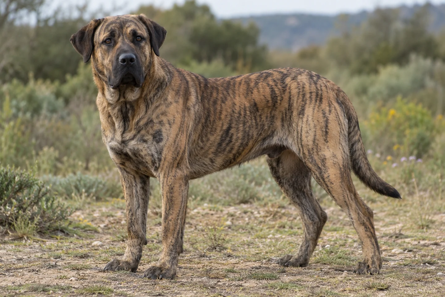 Cão de Fila de São Miguel adulto, de pé, com o corpo inteiro visível.