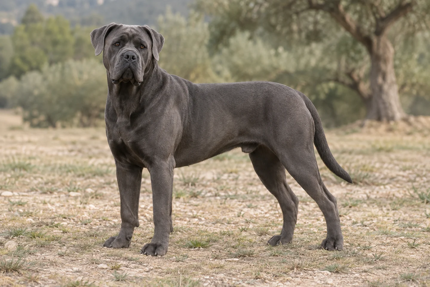 CANE CORSO ITALIANO adulto, de pé, com o corpo inteiro visível.